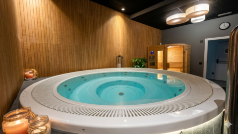 Interior de una lujosa sala de spa con un gran jacuzzi circular de agua turquesa iluminado, una sauna de madera con panel de control y detalles decorativos de velas rústicas.